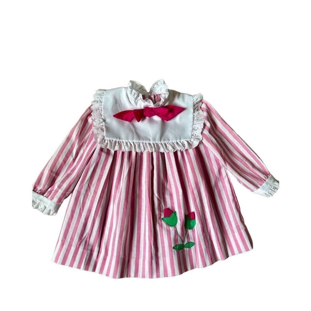 Bonnie Jean Pink and White Striped Girls Dress with Green Appliqué